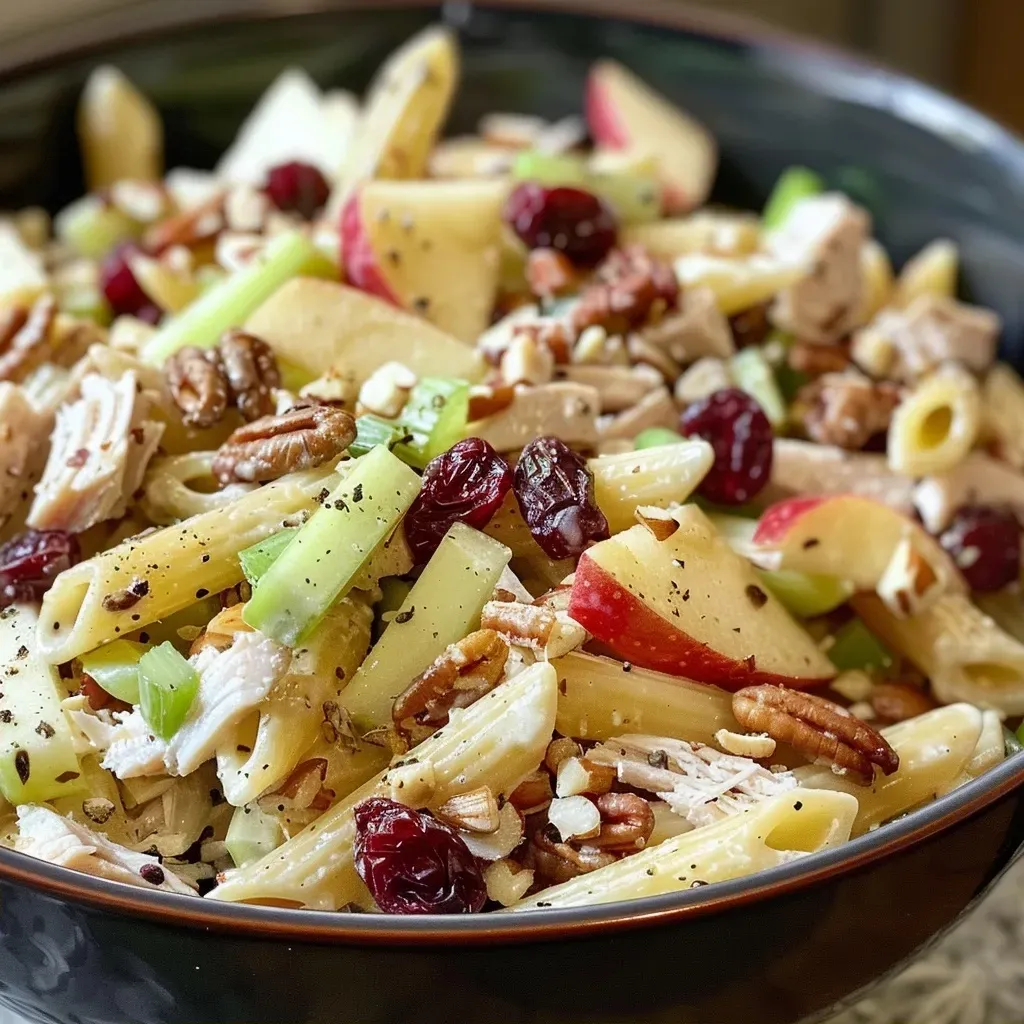 Close-up of a Turkey Apple Pasta Salad with colorful ingredients.