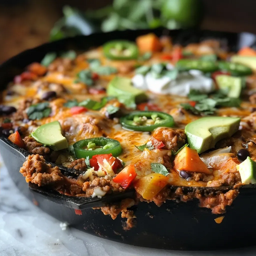 ['Close-up of a vibrant Turkey Enchilada Skillet topped with melted cheese and garnished with avocado and cilantro.', 'Side view of a Turkey Enchilada Skillet showcasing colorful ingredients like sweet potatoes, black beans, and jalapeños.', 'A delicious Turkey Enchilada Skillet displayed in a cast-iron pan, featuring layers of turkey, cheese, and fresh lime.', 'Juicy Turkey Enchilada Skillet served with Greek yogurt and lime wedges, highlighting the rich textures and colors.']