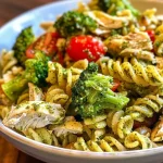 ['A close-up view of a bowl of turkey pesto pasta featuring ground turkey, pesto sauce, and fresh spinach.', 'Side view of a serving of turkey pesto pasta with garnished vegetables and a rich green sauce.', 'Juicy turkey pesto pasta displayed in a bowl, highlighting the colorful ingredients and creamy texture.', 'Close-up shot of a pasta dish with ground turkey, spinach, and pesto, showcasing a vibrant meal.']