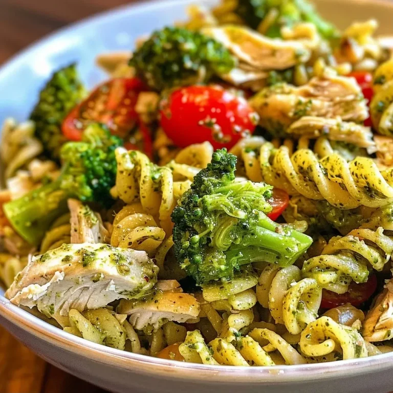 ['A close-up view of a bowl of turkey pesto pasta featuring ground turkey, pesto sauce, and fresh spinach.', 'Side view of a serving of turkey pesto pasta with garnished vegetables and a rich green sauce.', 'Juicy turkey pesto pasta displayed in a bowl, highlighting the colorful ingredients and creamy texture.', 'Close-up shot of a pasta dish with ground turkey, spinach, and pesto, showcasing a vibrant meal.']