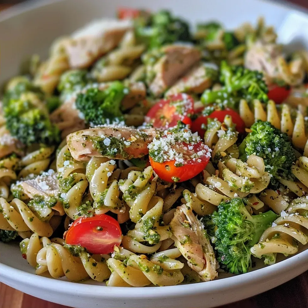 ['Close-up view of a vibrant Turkey Pesto Pasta dish with broccoli and tomatoes.', 'Juicy Turkey Pesto Pasta with whole-wheat fusilli, broccoli florets, and Parmesan cheese.', 'Side view of a delicious serving of Turkey Pesto Pasta garnished with fresh ingredients.', 'Colorful plate of Turkey Pesto Pasta showcasing broccoli, tomatoes, and turkey.']