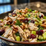 ['Close-up of a colorful turkey salad with shredded turkey, celery, cranberries, and nuts.', 'A vibrant turkey salad with diced celery, green onions, and a creamy dressing.', 'A savory turkey salad featuring a medley of ingredients on a white plate.', 'Freshly made turkey salad, showcasing textures of turkey, nuts, and dried fruit.']