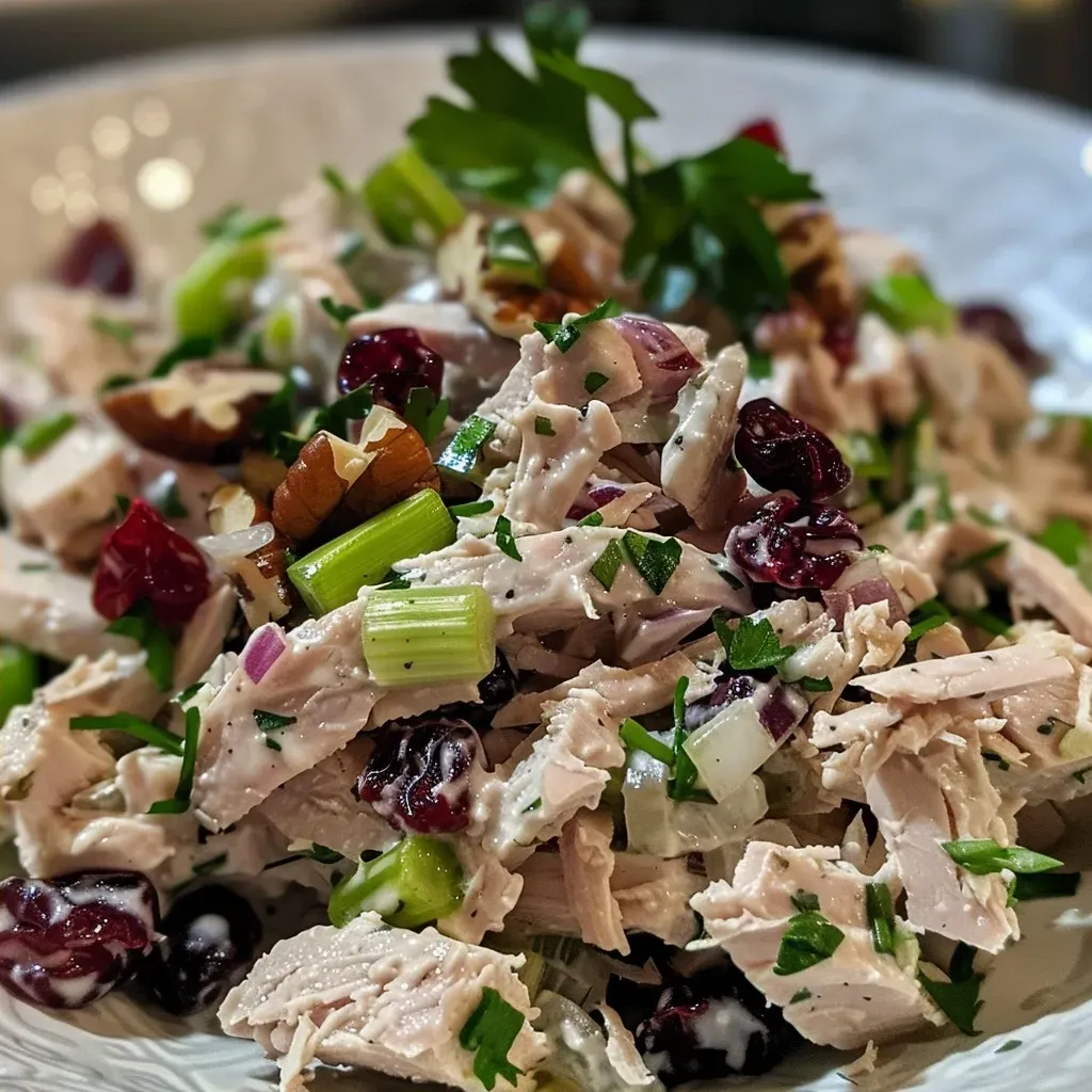 ['Close-up of a colorful turkey salad with shredded turkey, celery, cranberries, and nuts.', 'A vibrant turkey salad with diced celery, green onions, and a creamy dressing.', 'A savory turkey salad featuring a medley of ingredients on a white plate.', 'Freshly made turkey salad, showcasing textures of turkey, nuts, and dried fruit.']