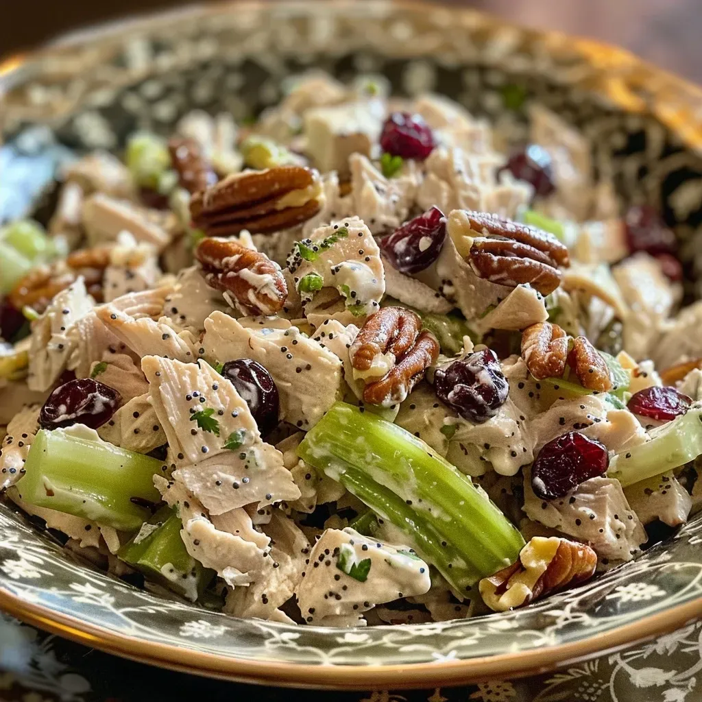 A close-up side view of a colorful turkey salad with visible chunks of turkey, celery, and green onions.