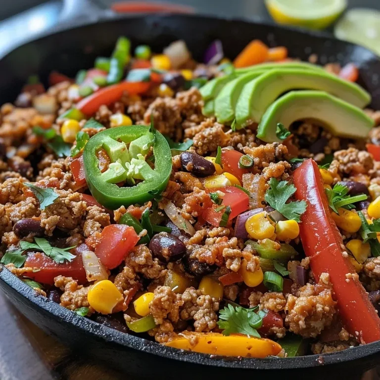 ['A close-up view of a Turkey Taco Skillet filled with colorful vegetables and white cheese.', 'Side view of a delicious Turkey Taco Skillet showcasing ground turkey, tomatoes, and peppers.', 'Juicy Turkey Taco Skillet in a pan, featuring black beans, corn, and garnished with avocado and cilantro.', 'A vibrant Turkey Taco Skillet presented in a close-up, highlighting the fresh ingredients and melted cheese.']