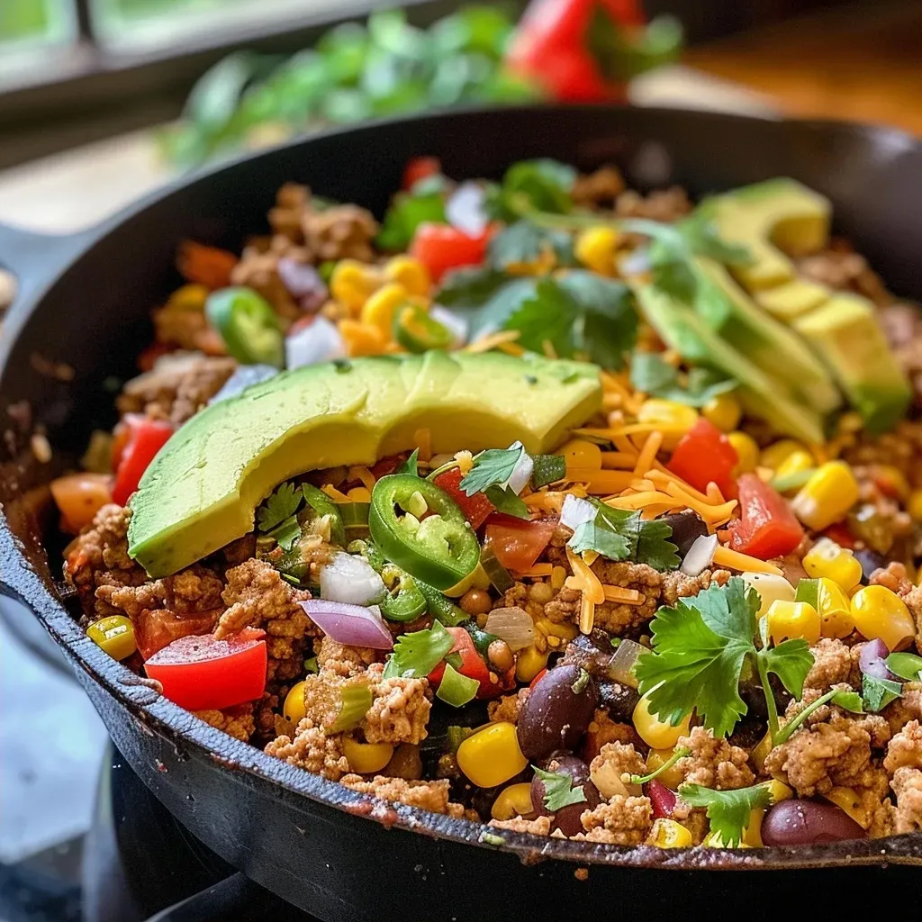 A close-up view of a Turkey Taco Skillet filled with colorful vegetables and white cheese.