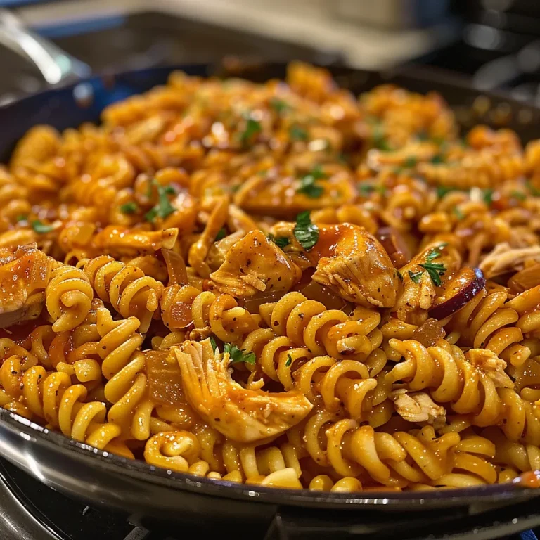 ['Close-up of One Skillet BBQ Cheesy Chicken Pasta with melted cheese and BBQ sauce.', 'Juicy One Skillet BBQ Cheesy Chicken Pasta served in a skillet with colorful ingredients visible.', 'Side view of a bubbling skillet filled with cheesy chicken pasta topped with barbecue sauce.', 'Delicious, hearty One Skillet BBQ Cheesy Chicken Pasta ready to serve, showcasing chicken and pasta.']