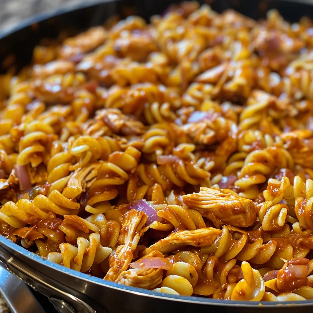 ['Close-up of One Skillet BBQ Cheesy Chicken Pasta with melted cheese and BBQ sauce.', 'Juicy One Skillet BBQ Cheesy Chicken Pasta served in a skillet with colorful ingredients visible.', 'Side view of a bubbling skillet filled with cheesy chicken pasta topped with barbecue sauce.', 'Delicious, hearty One Skillet BBQ Cheesy Chicken Pasta ready to serve, showcasing chicken and pasta.']