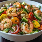 ['A vibrant bowl of Greek Shrimp Salad featuring colorful cherry tomatoes, cucumber, avocado, and shrimp.', 'A close-up side view of a Greek Shrimp Salad garnished with fresh basil and feta cheese.', 'A detailed view of a Greek Shrimp Salad with raw shrimp, olives, and a variety of fresh vegetables.', 'A beautifully arranged Greek Shrimp Salad showcasing shrimp, feta, and sliced vegetables in a bowl.']