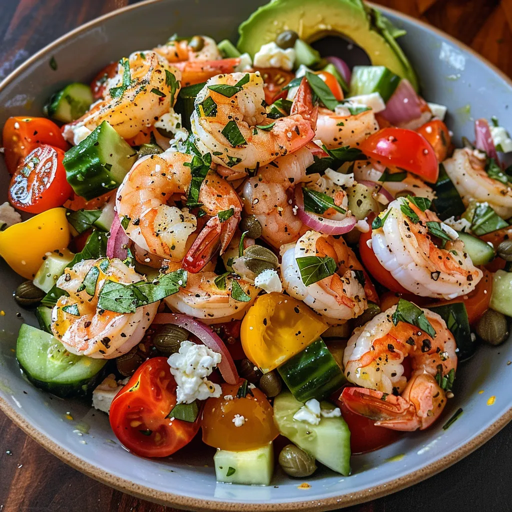 ['A vibrant bowl of Greek Shrimp Salad featuring colorful cherry tomatoes, cucumber, avocado, and shrimp.', 'A close-up side view of a Greek Shrimp Salad garnished with fresh basil and feta cheese.', 'A detailed view of a Greek Shrimp Salad with raw shrimp, olives, and a variety of fresh vegetables.', 'A beautifully arranged Greek Shrimp Salad showcasing shrimp, feta, and sliced vegetables in a bowl.']