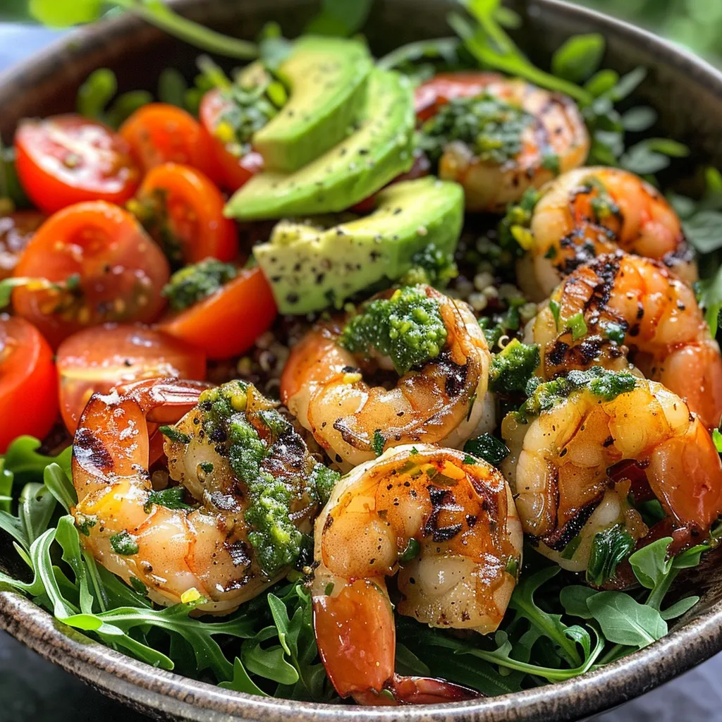 ['Close-up view of a vibrant charred shrimp quinoa bowl with arugula and cherry tomatoes.', 'Side perspective of a colorful bowl featuring grilled shrimp, avocado, and quinoa.', 'Detailed image of a charred shrimp quinoa bowl, showcasing fresh ingredients and bright colors.', 'Appetizing close-up of a shrimp and quinoa dish arranged beautifully with greens and tomatoes.']