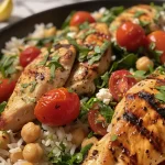 ['Juicy Greek chicken thighs served with lemon rice, garnished with fresh oregano and cherry tomatoes.', 'Close-up view of a bowl featuring Greek chicken and lemon rice, highlighting colorful tomatoes and spinach.', 'A vibrant dish of Greek chicken and lemon rice with diced feta and chopped herbs, presented in a rustic setting.', 'A mouthwatering plate of Greek chicken and lemon rice, revealing textures of grilled chicken, rice, and veggies.']
