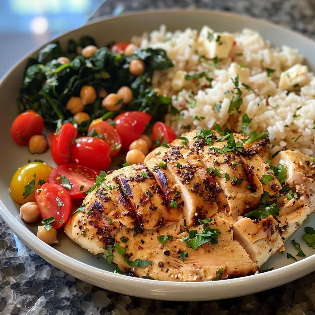 ['Juicy Greek chicken thighs served with lemon rice, garnished with fresh oregano and cherry tomatoes.', 'Close-up view of a bowl featuring Greek chicken and lemon rice, highlighting colorful tomatoes and spinach.', 'A vibrant dish of Greek chicken and lemon rice with diced feta and chopped herbs, presented in a rustic setting.', 'A mouthwatering plate of Greek chicken and lemon rice, revealing textures of grilled chicken, rice, and veggies.']