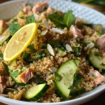 ['A close-up view of a vibrant Citrus and Herb Quinoa Salad with tuna, garnished with lemon wedges and fresh herbs.', 'A side perspective of a colorful quinoa salad featuring tuna, zucchini, and almonds, highlighting its fresh ingredients.', 'An appetizing close-up of a Citrus and Herb Quinoa Salad, showcasing chunks of tuna and bright vegetables.', 'A detailed shot of a healthy quinoa salad with tuna, herbs, and lemon, emphasizing the texture and colors.']