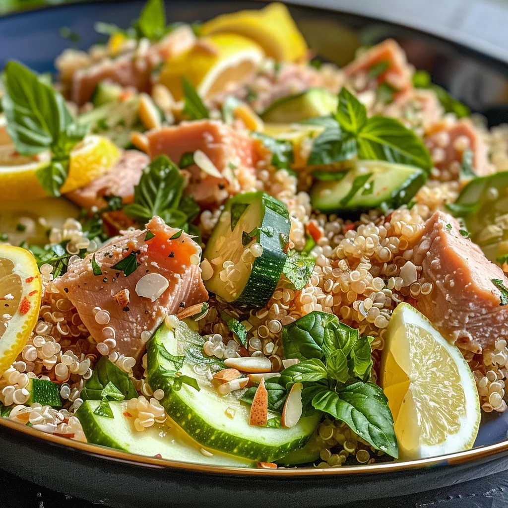 A close-up view of a vibrant Citrus and Herb Quinoa Salad with tuna, garnished with lemon wedges and fresh herbs.