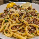 ['Close-up view of Lemon Garlic Ground Beef Pasta with garnished parsley.', 'Juicy Lemon Garlic Ground Beef Pasta with minced garlic and lemon zest.', 'Side angle of a bowl filled with Lemon Garlic Pasta featuring ground beef.', 'Colorful dish of lemon garlic pasta with ground beef and freshly grated Parmesan.']