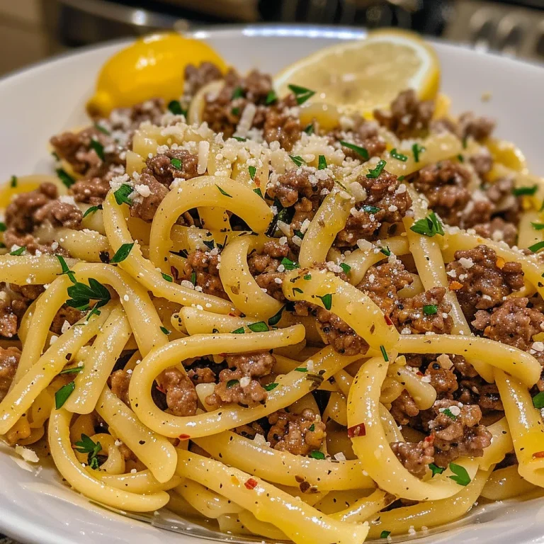 ['Close-up view of Lemon Garlic Ground Beef Pasta with garnished parsley.', 'Juicy Lemon Garlic Ground Beef Pasta with minced garlic and lemon zest.', 'Side angle of a bowl filled with Lemon Garlic Pasta featuring ground beef.', 'Colorful dish of lemon garlic pasta with ground beef and freshly grated Parmesan.']