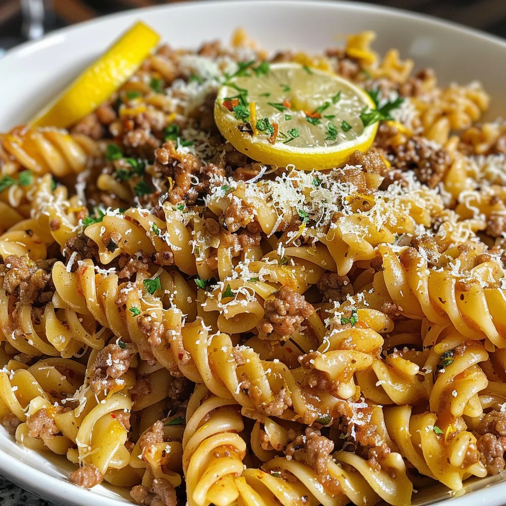['Close-up view of Lemon Garlic Ground Beef Pasta with garnished parsley.', 'Juicy Lemon Garlic Ground Beef Pasta with minced garlic and lemon zest.', 'Side angle of a bowl filled with Lemon Garlic Pasta featuring ground beef.', 'Colorful dish of lemon garlic pasta with ground beef and freshly grated Parmesan.']