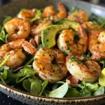 ['Close-up view of a vibrant Citrus Shrimp and Avocado Salad garnished with toasted almonds.', 'A delicious salad featuring pan-seared shrimp, fresh greens, and avocado slices arranged attractively.', 'An inviting Citrus Shrimp and Avocado Salad showcasing juicy shrimp on a bed of mixed greens.', 'A colorful display of shrimp, avocado, and greens in a fresh salad with a citrus dressing.']
