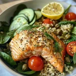 ['Close-up view of a Lemon-Dill Salmon Quinoa Bowl filled with vibrant vegetables.', 'Side angle photo of a hearty salmon quinoa bowl garnished with dill and yogurt sauce.', 'Juicy salmon fillet atop a bed of quinoa, fresh vegetables, and creamy Greek yogurt.', 'Colorful Lemon-Dill Salmon Quinoa Bowl featuring diced cucumber, cherry tomatoes, and spinach.']