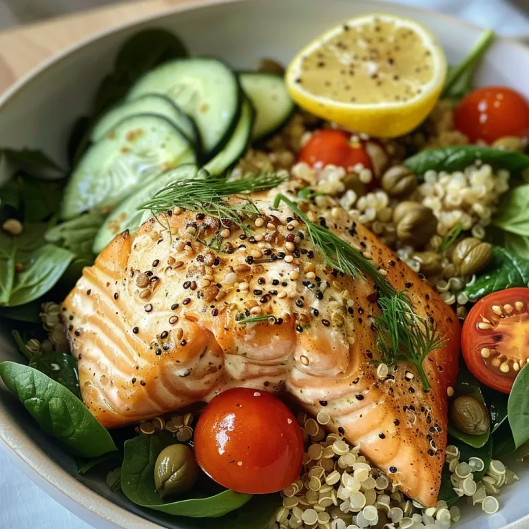 ['Close-up view of a Lemon-Dill Salmon Quinoa Bowl filled with vibrant vegetables.', 'Side angle photo of a hearty salmon quinoa bowl garnished with dill and yogurt sauce.', 'Juicy salmon fillet atop a bed of quinoa, fresh vegetables, and creamy Greek yogurt.', 'Colorful Lemon-Dill Salmon Quinoa Bowl featuring diced cucumber, cherry tomatoes, and spinach.']