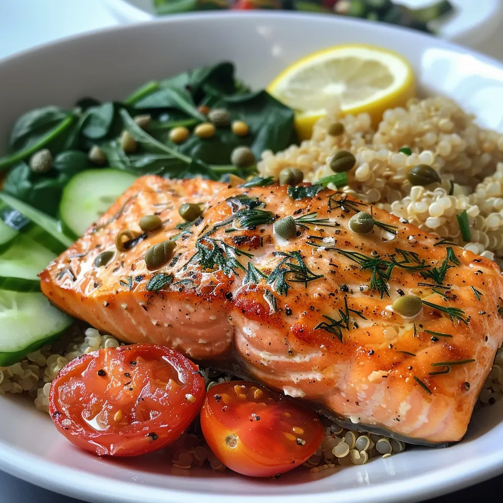 ['Close-up view of a Lemon-Dill Salmon Quinoa Bowl filled with vibrant vegetables.', 'Side angle photo of a hearty salmon quinoa bowl garnished with dill and yogurt sauce.', 'Juicy salmon fillet atop a bed of quinoa, fresh vegetables, and creamy Greek yogurt.', 'Colorful Lemon-Dill Salmon Quinoa Bowl featuring diced cucumber, cherry tomatoes, and spinach.']
