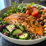 ['A close-up view of a vibrant Mediterranean Quinoa Bowl topped with grilled salmon, fresh vegetables, and herbs.', 'A side view of a colorful quinoa bowl featuring salmon, chickpeas, and a variety of chopped greens.', 'A detailed shot of a lucious Mediterranean Quinoa Bowl with salmon, cucumbers, tomatoes, and olives.', 'An appetizing close-up of a healthy quinoa bowl with salmon, garnished with fresh herbs and sliced vegetables.']