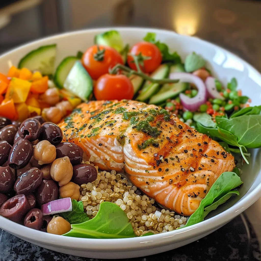 A close-up view of a vibrant Mediterranean Quinoa Bowl topped with grilled salmon, fresh vegetables, and herbs.