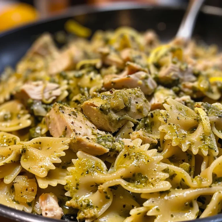 ['Close-up of a vibrant Lemon Pesto Turkey Pasta dish with bow tie pasta and herbs.', 'Side view of Lemon Pesto Turkey Pasta topped with fresh ingredients and lemon zest.', 'Juicy Lemon Pesto Turkey Pasta served in a white bowl, showcasing colorful ingredients.', 'Appetizing Lemon Pesto Turkey Pasta with a garnish of parsley and lemon slices.']