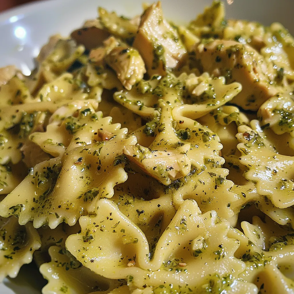 ['Close-up of a vibrant Lemon Pesto Turkey Pasta dish with bow tie pasta and herbs.', 'Side view of Lemon Pesto Turkey Pasta topped with fresh ingredients and lemon zest.', 'Juicy Lemon Pesto Turkey Pasta served in a white bowl, showcasing colorful ingredients.', 'Appetizing Lemon Pesto Turkey Pasta with a garnish of parsley and lemon slices.']