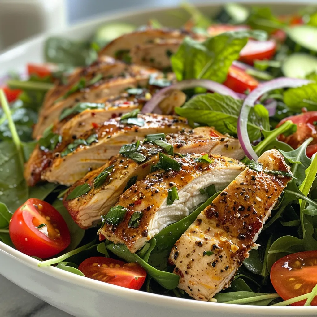 ['Close-up view of a vibrant tender chicken herb salad featuring fresh ingredients.', 'Side view of a delicious salad with juicy chicken, mixed greens, and colorful vegetables.', 'A mouthwatering salad displaying sliced chicken, cherry tomatoes, cucumbers, and herbs.', 'Detailed image of a herb salad with tender chicken, greens, and a colorful garnish.']