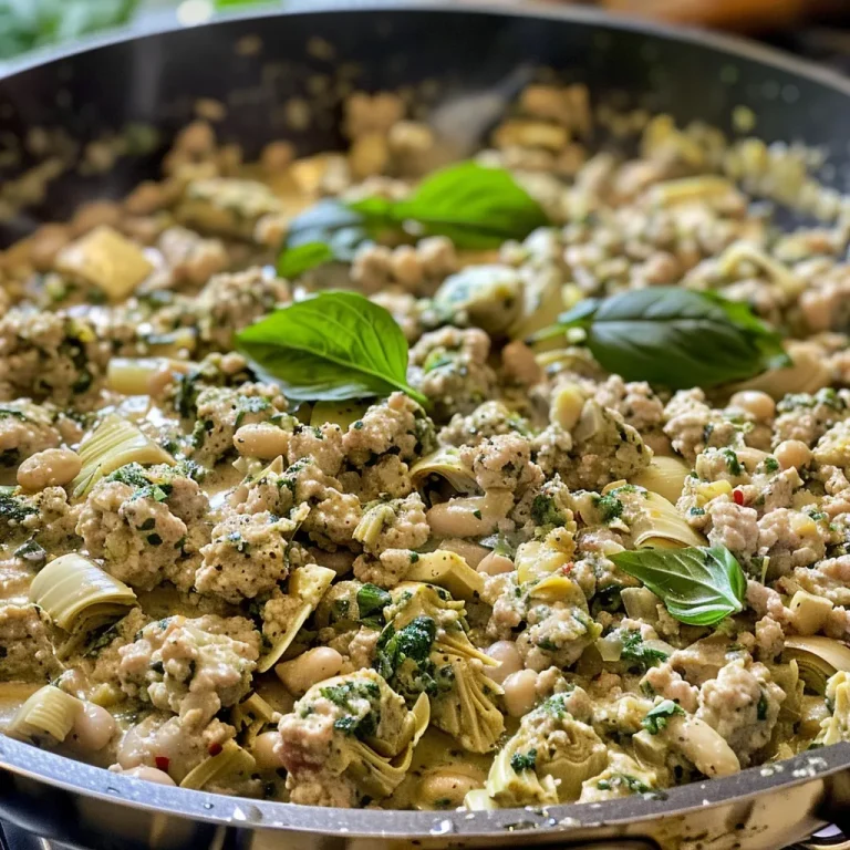 ['Close-up view of a creamy pesto ground turkey skillet with visible vegetables and herbs.', 'A skillet filled with creamy ground turkey, artichokes, and cannellini beans, garnished with fresh basil.', 'Juicy creamy pesto turkeys mixed with yellow onions and garlic, in a well-lit skillet.', 'Side view of a delicious creamy turkey dish featuring pesto and fresh herbs in a modern skillet.']