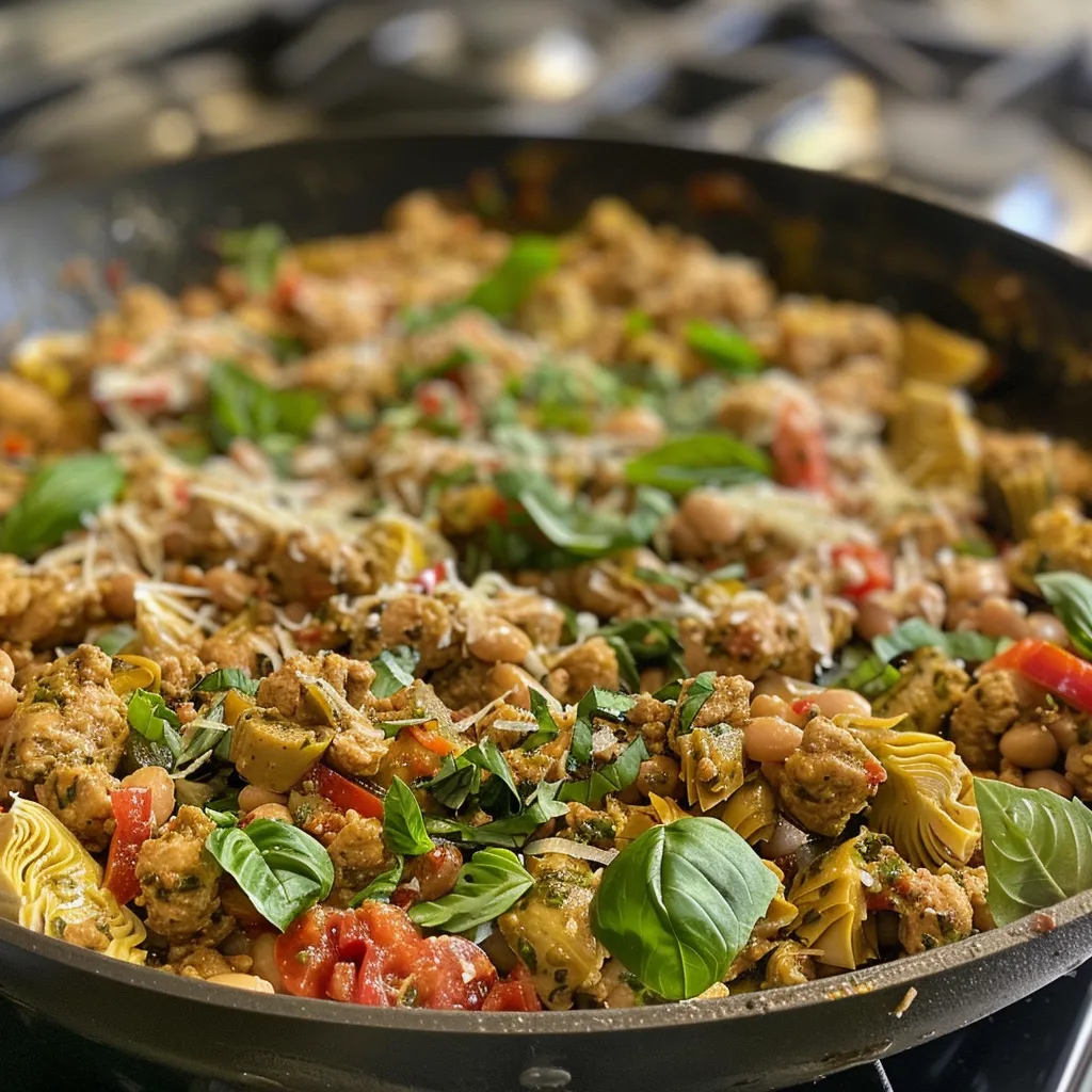 ['Close-up view of a creamy pesto ground turkey skillet with visible vegetables and herbs.', 'A skillet filled with creamy ground turkey, artichokes, and cannellini beans, garnished with fresh basil.', 'Juicy creamy pesto turkeys mixed with yellow onions and garlic, in a well-lit skillet.', 'Side view of a delicious creamy turkey dish featuring pesto and fresh herbs in a modern skillet.']