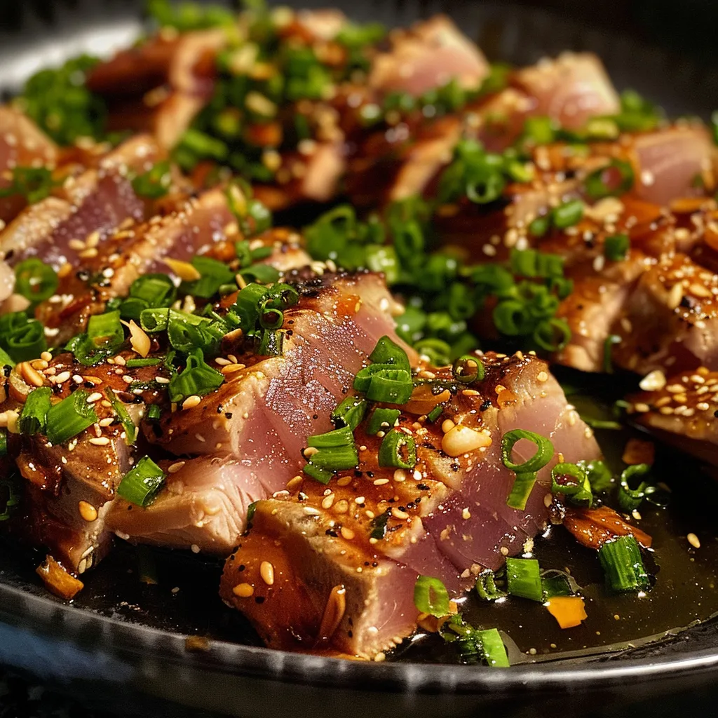 ['Close-up of a cooked teriyaki tuna fillet served with ginger vegetables.', 'Juicy teriyaki tuna with colorful sliced peppers and snow peas.', 'Glazed teriyaki tuna alongside matchstick carrots and fresh veggies.', 'Side view of tender tuna in teriyaki sauce surrounded by vibrant vegetables.']