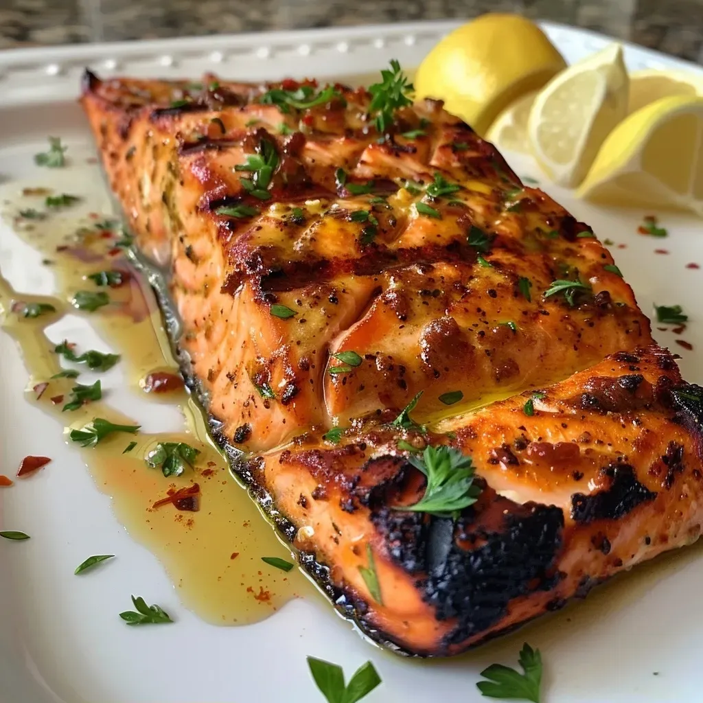 ['Close-up side view of zesty grilled honey mustard salmon on a plate.', 'Juicy grilled salmon fillet coated in honey mustard glaze, garnished with herbs.', 'Side view of a perfectly grilled honey mustard salmon, highlighting its glistening texture.', 'Delicious piece of salmon with a zesty mustard glaze, freshly cooked and garnished.']