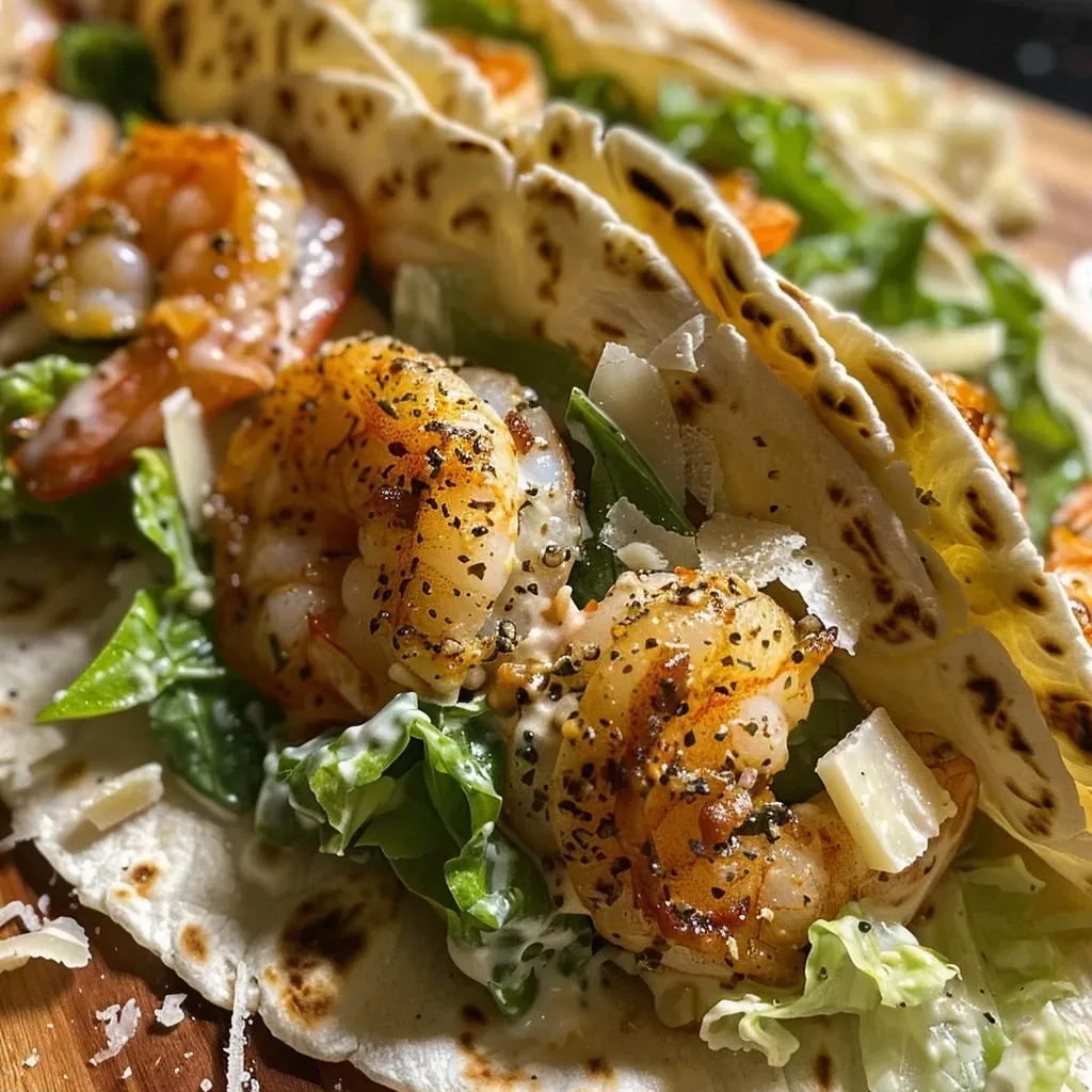 Close-up of zesty grilled shrimp Caesar wraps, with vibrant greens and creamy dressing.