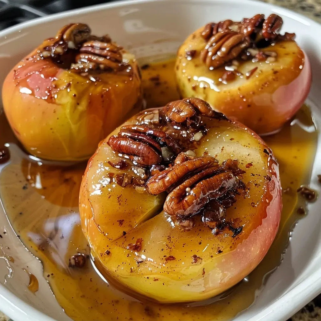 ['Close-up of perfectly cooked air fryer baked apples topped with pecans and cinnamon.', 'Juicy baked Gala apples with a crispy topping, presented in a side view.', 'Air fryer baked apples drizzled with brown sugar, showcasing their juicy texture.', 'A side view of delicious baked apples, featuring a crunchy pecan topping.']