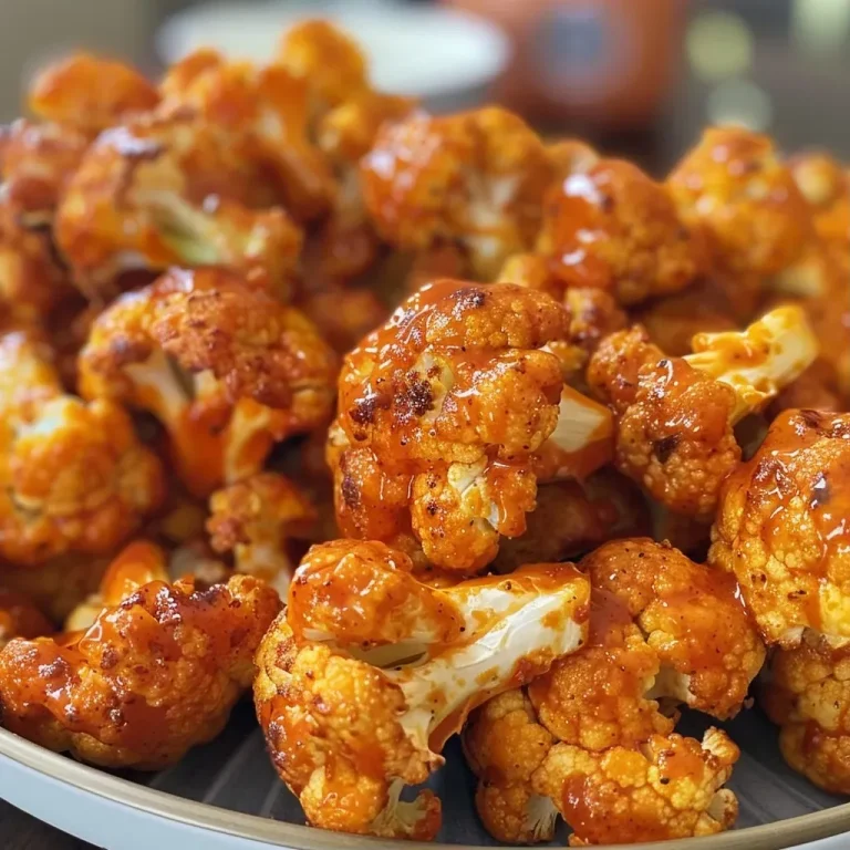 ['Close-up of Air Fryer Buffalo Cauliflower florets drizzled with sauce.', 'A side view of crispy Air Fryer Buffalo Cauliflower with a vibrant color.', 'Juicy and flavorful Air Fryer Buffalo Cauliflower served on a plate.', 'Golden-brown cauliflower bites coated in spicy buffalo sauce.']