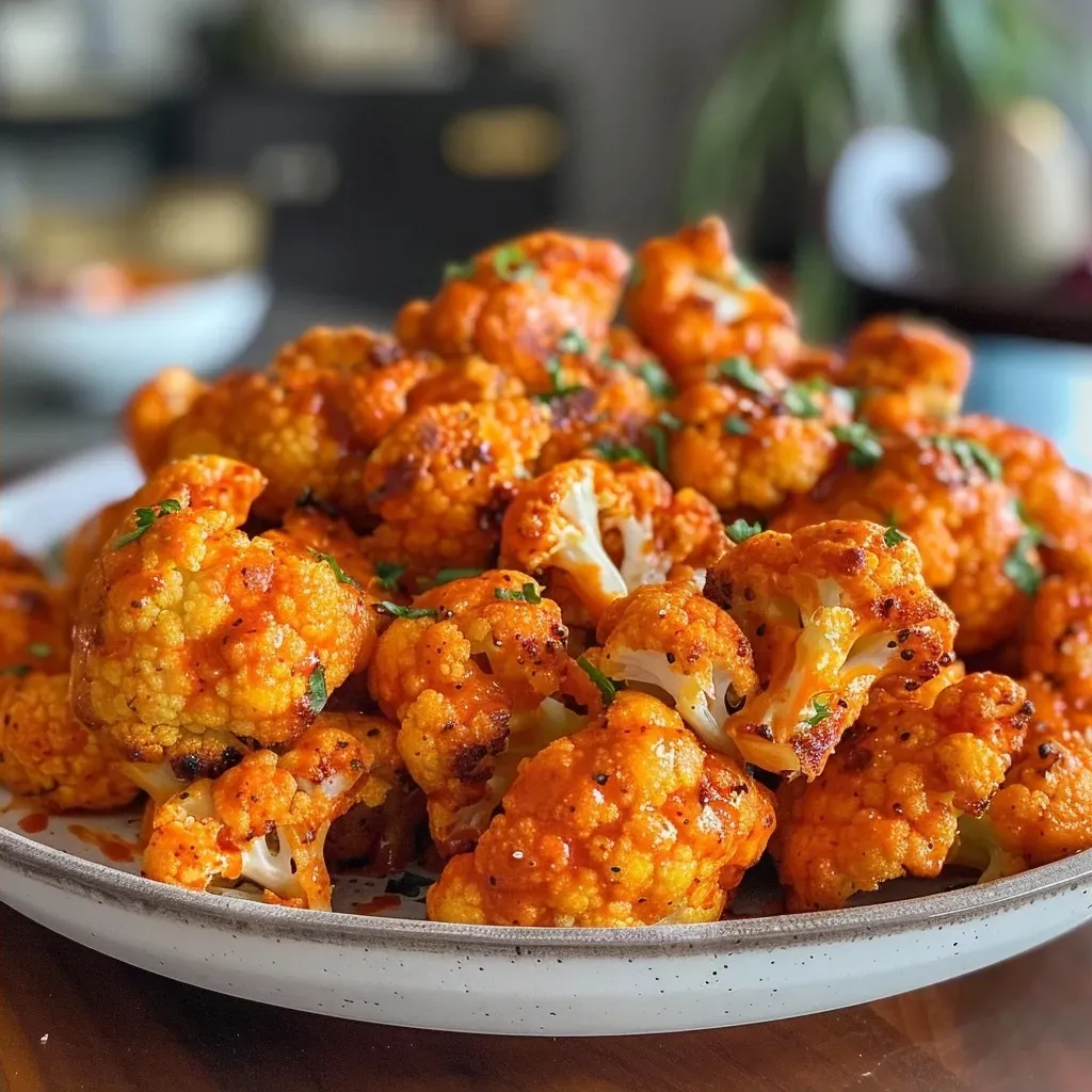 ['Close-up of Air Fryer Buffalo Cauliflower florets drizzled with sauce.', 'A side view of crispy Air Fryer Buffalo Cauliflower with a vibrant color.', 'Juicy and flavorful Air Fryer Buffalo Cauliflower served on a plate.', 'Golden-brown cauliflower bites coated in spicy buffalo sauce.']