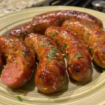 ['Close-up view of juicy smoked sausage cooked in an air fryer, showcasing its golden-brown texture.', 'Side view of air-fried smoked sausage, highlighting its crispy edges and succulent interior.', 'Detailed shot of a juicy smoked sausage cooked in an air fryer, emphasizing its rich color and glaze.', 'Image featuring a perfectly cooked smoked sausage from an air fryer, with a focus on its mouth-watering appearance.']