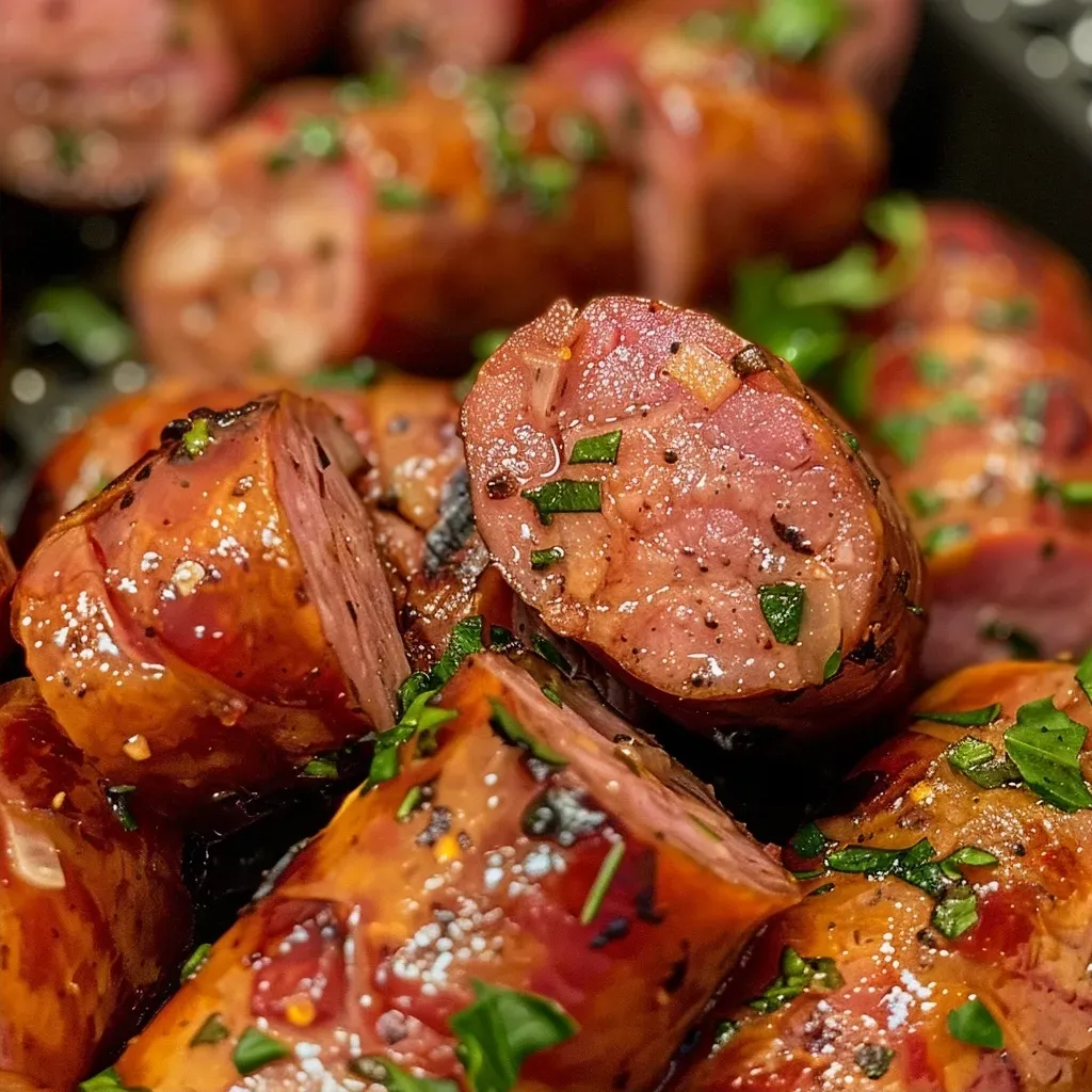 ['Close-up view of juicy smoked sausage cooked in an air fryer, showcasing its golden-brown texture.', 'Side view of air-fried smoked sausage, highlighting its crispy edges and succulent interior.', 'Detailed shot of a juicy smoked sausage cooked in an air fryer, emphasizing its rich color and glaze.', 'Image featuring a perfectly cooked smoked sausage from an air fryer, with a focus on its mouth-watering appearance.']