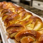 ['Close-up of a golden-brown apple braid with a glossy glaze.', 'Side view of a freshly baked apple braid showcasing its flaky layers.', 'Juicy apple braid with cinnamon visible, presented on a rustic surface.', 'Appetizing apple braid with apple slices peeking through the braided pastry.']