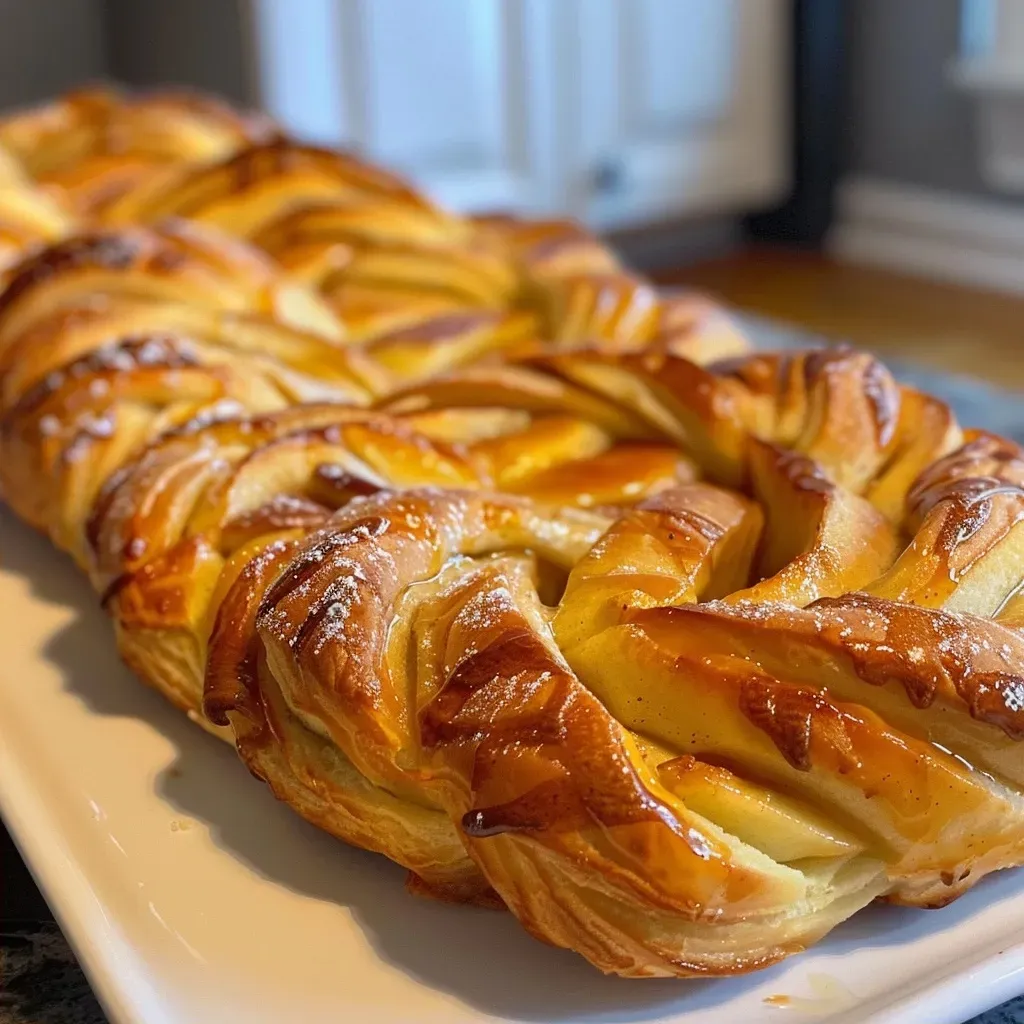 ['Close-up of a golden-brown apple braid with a glossy glaze.', 'Side view of a freshly baked apple braid showcasing its flaky layers.', 'Juicy apple braid with cinnamon visible, presented on a rustic surface.', 'Appetizing apple braid with apple slices peeking through the braided pastry.']