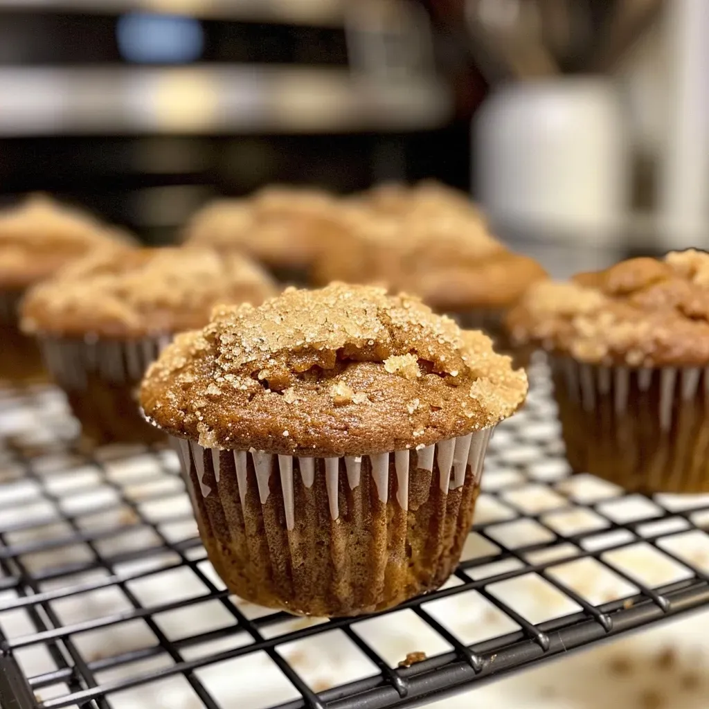 ['Close-up view of a freshly baked Apple Butter Muffin with a golden-brown top.', 'Side view of fluffy Apple Butter Muffins with a coarse sugar topping.', 'Juicy Apple Butter Muffins displayed on a rustic wooden surface.', 'A single Apple Butter Muffin showcasing its moist interior and spiced aroma.']