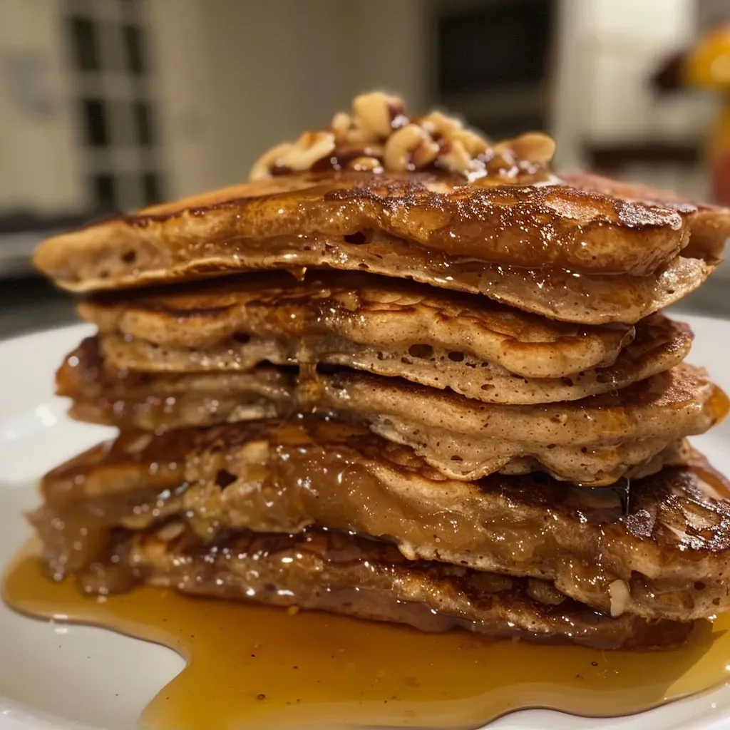 ['Close-up of fluffy apple butter pancakes drizzled with syrup and topped with pecans.', 'Side view of golden pancakes featuring apple butter, syrup, and nutty pecans.', 'Detailed view of stacked apple butter pancakes garnished with syrup and pecans.', 'Juicy apple butter pancakes on a plate, beautifully presented with syrup and nuts.']