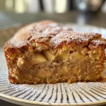 ['A slice of apple cider cake showcasing its moist texture and warm spices.', 'Close-up side view of a delicious apple cider cake topped with powdered sugar.', 'Juicy apple cider cake slice highlighting the rich color and crumb structure.', 'A beautifully presented apple cider cake with cinnamon and apple motifs.']
