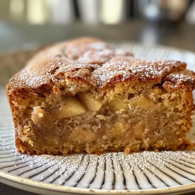 ['A slice of apple cider cake showcasing its moist texture and warm spices.', 'Close-up side view of a delicious apple cider cake topped with powdered sugar.', 'Juicy apple cider cake slice highlighting the rich color and crumb structure.', 'A beautifully presented apple cider cake with cinnamon and apple motifs.']