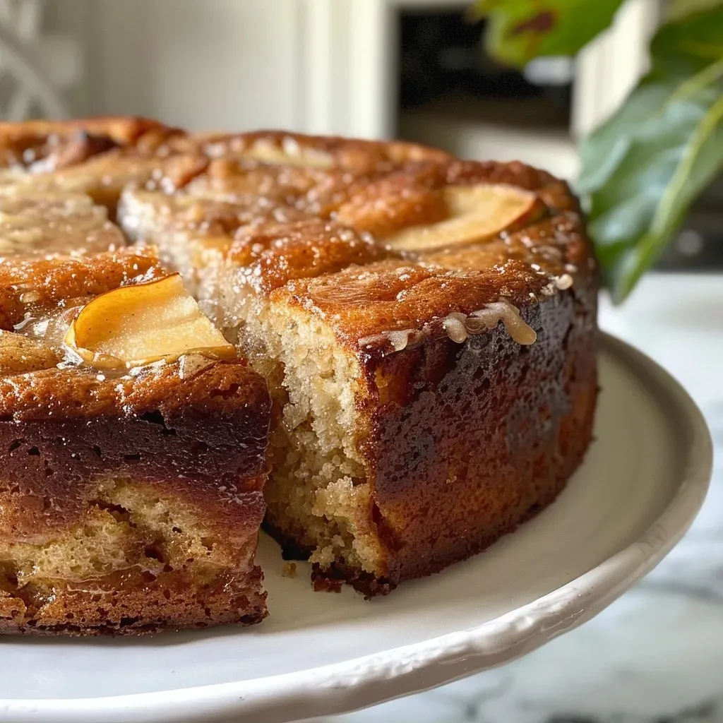 ['A slice of apple cider cake showcasing its moist texture and warm spices.', 'Close-up side view of a delicious apple cider cake topped with powdered sugar.', 'Juicy apple cider cake slice highlighting the rich color and crumb structure.', 'A beautifully presented apple cider cake with cinnamon and apple motifs.']