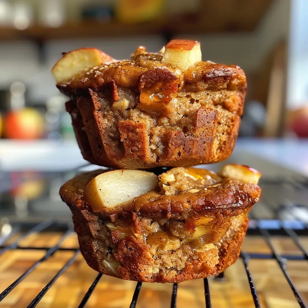 ['Close-up view of freshly baked apple cinnamon muffins with a golden-brown crust.', 'Side profile of muffin sitting on a rustic wooden table, showcasing apple chunks and cinnamon topping.', 'Juicy apple cinnamon muffins arranged neatly with a texture-rich surface.', 'Photograph of a muffin revealing its soft, fluffy interior and visible apple pieces.']
