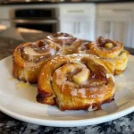 ['Close-up view of a warm Apple Cinnamon Roll drizzled with icing and topped with diced apples.', 'Side view of freshly baked Apple Cinnamon Rolls with a golden-brown crust and a gooey apple filling.', 'Juicy Apple Cinnamon Rolls displayed on a rustic wooden table, showcasing their fluffy texture and cinnamon topping.', 'A delicious Apple Cinnamon Roll with a creamy frosting and bits of apple peeking through the layers.']